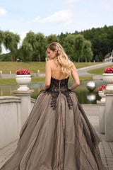 Black Illusion High Neck Sweetheart Black Lace Floral Corset Champagne Nude Tulle Ball Gown Wedding Dress Chapel Train