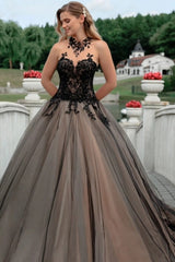 Black Illusion High Neck Sweetheart Black Lace Floral Corset Champagne Nude Tulle Ball Gown Wedding Dress Chapel Train