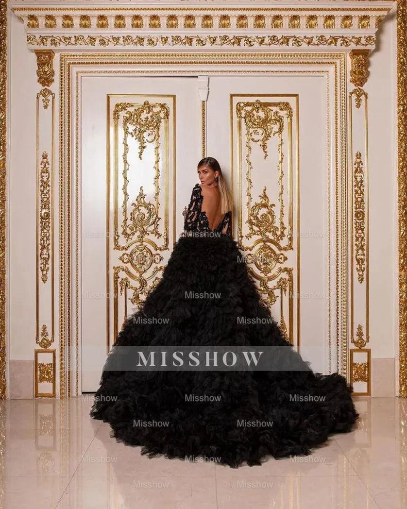 Black Illusion Sweetheart Long Sleeve Beaded Mermaid Tulle Ruffled Floor Evening Gown