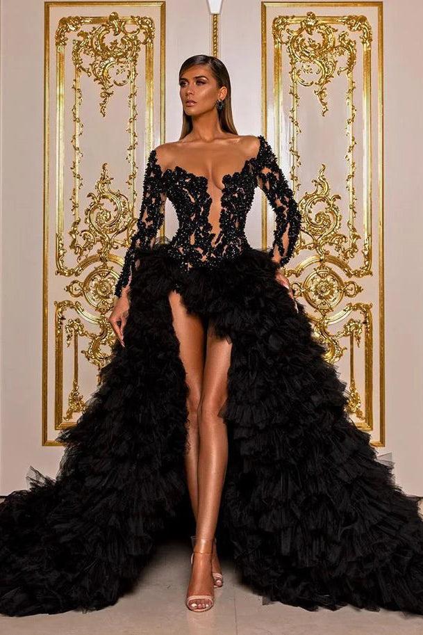 Black Illusion Sweetheart Long Sleeve Beaded Mermaid Tulle Ruffled Floor Evening Gown