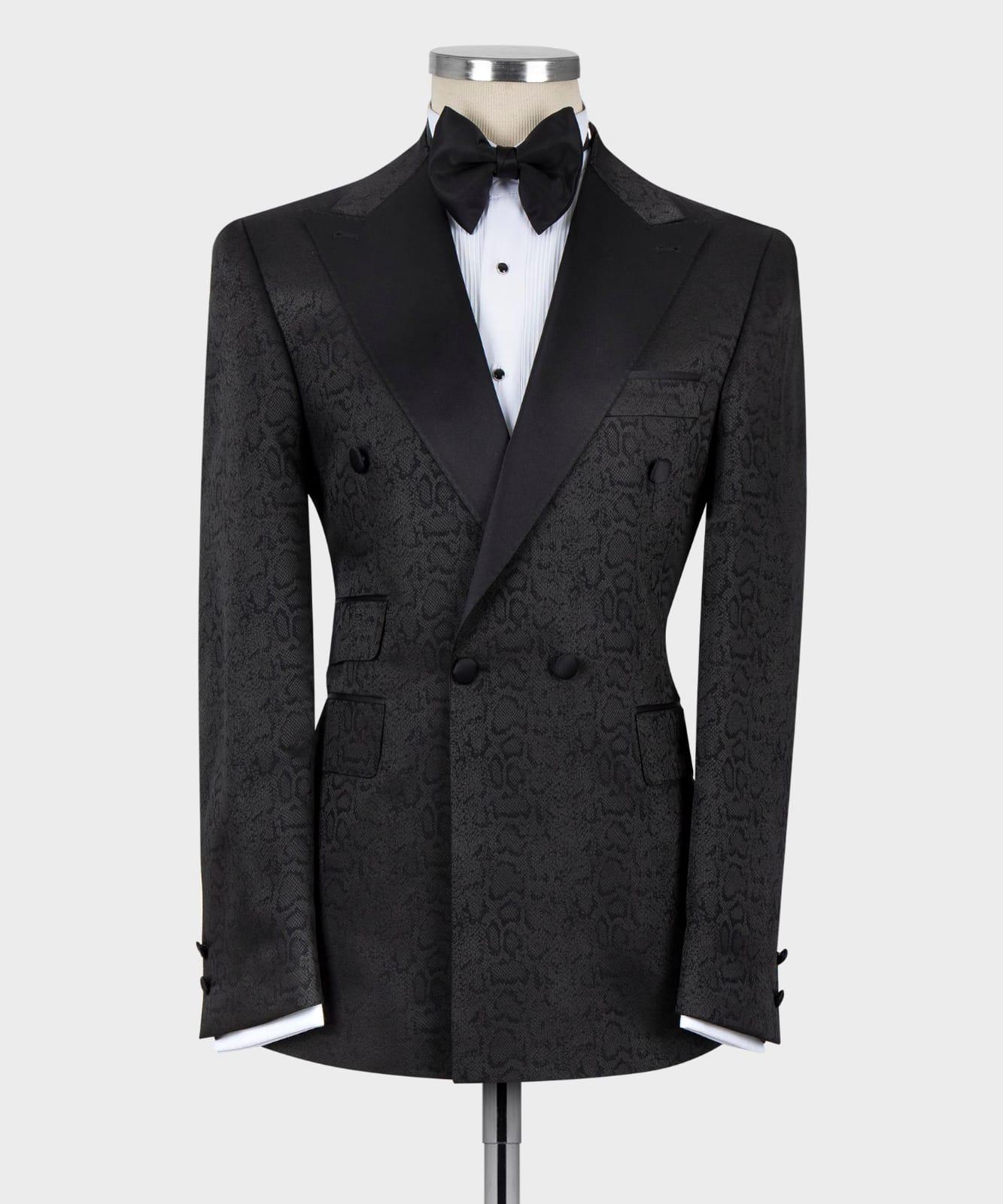 Black Jacquard Double-Breasted Peaked Lapel Men’s Suit