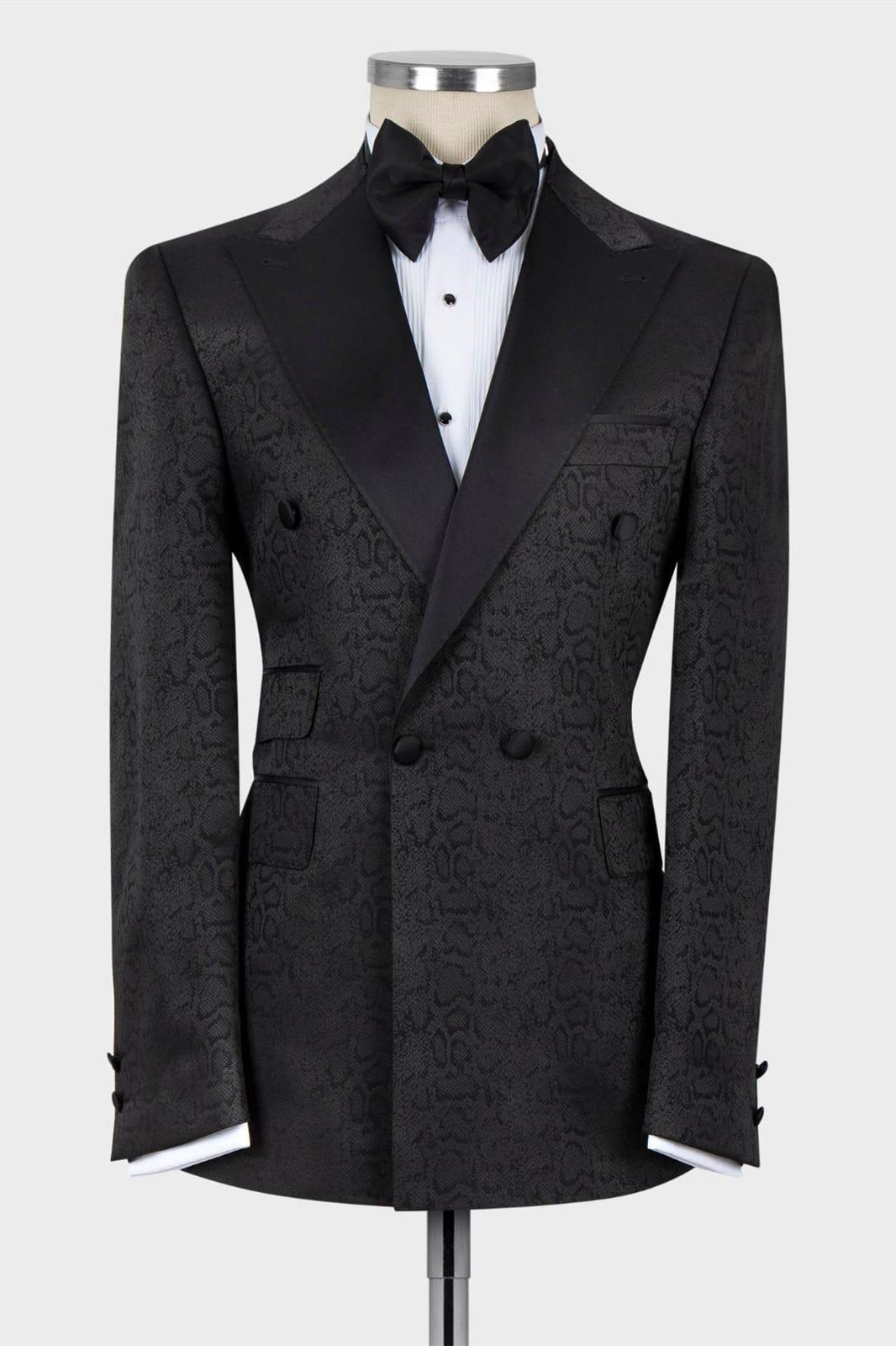 Black Jacquard Double-Breasted Peaked Lapel Men’s Suit