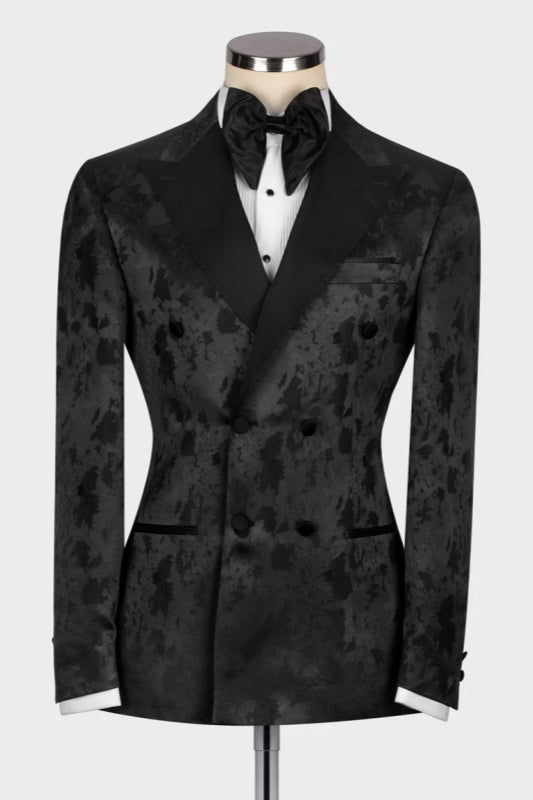 Black Jacquard Peaked Lapel Double-Breasted Suit for Men