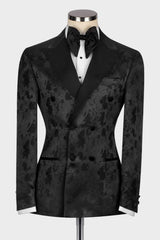Black Jacquard Peaked Lapel Double-Breasted Suit for Men