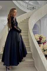 Black Lace Long Sleeve A-Line Evening Dress Sweetheart Satin Tea Length Formal Gown
