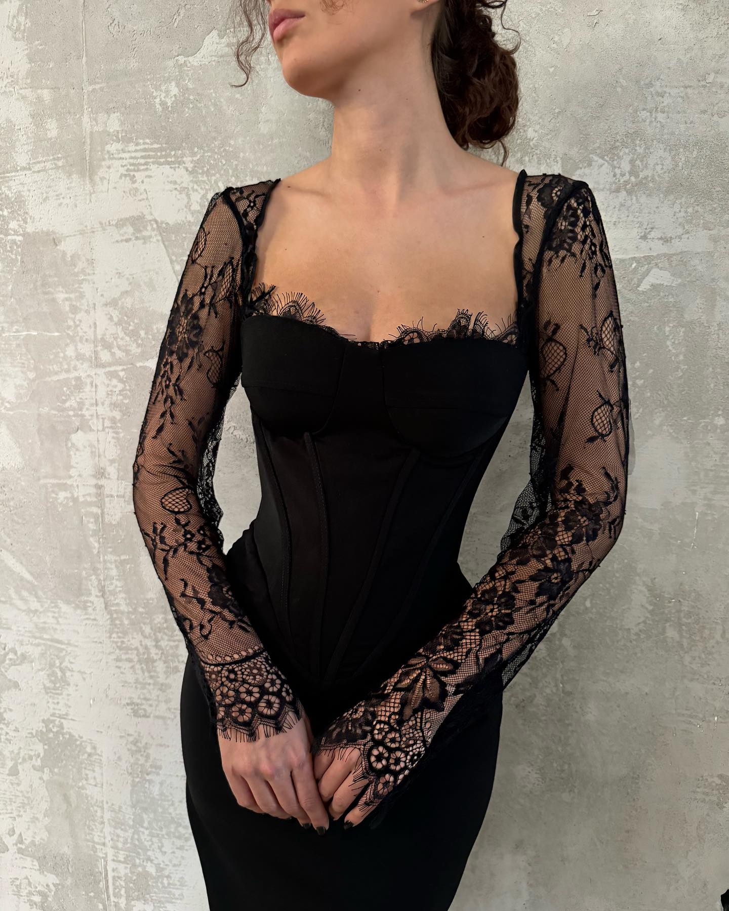 Black Lace Long Sleeve Formal Dress Square Neck Corset Bodice Open Back Floor Length Sheath Gown