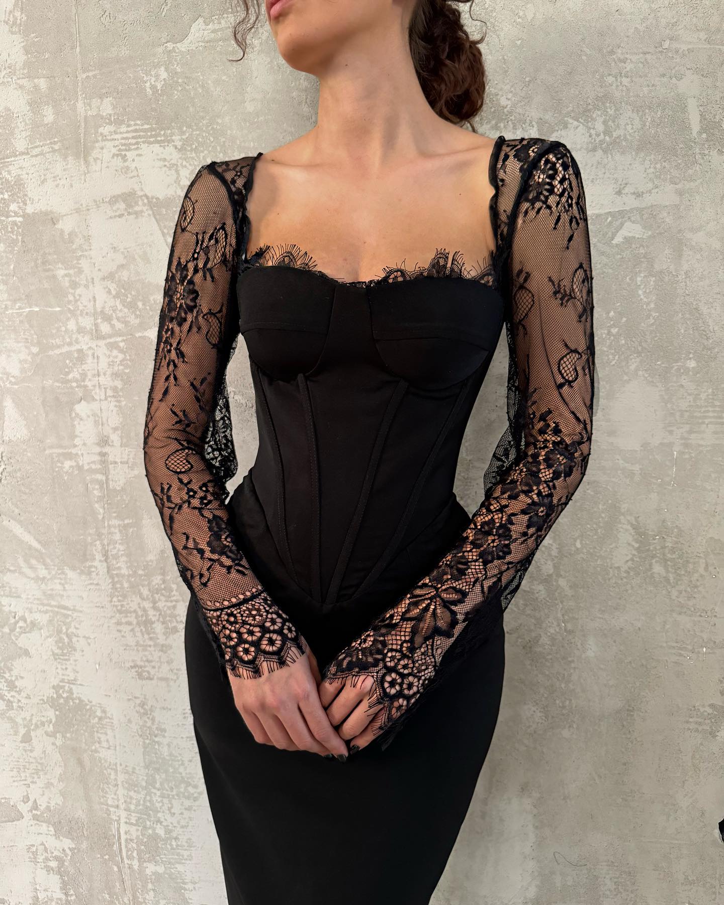 Black Lace Long Sleeve Formal Dress Square Neck Corset Bodice Open Back Floor Length Sheath Gown