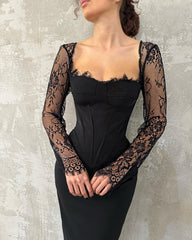 Black Lace Long Sleeve Formal Dress Square Neck Corset Bodice Open Back Floor Length Sheath Gown