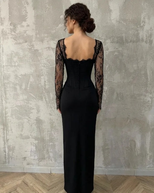 Black Lace Long Sleeve Formal Dress Square Neck Corset Bodice Open Back Floor Length Sheath Gown