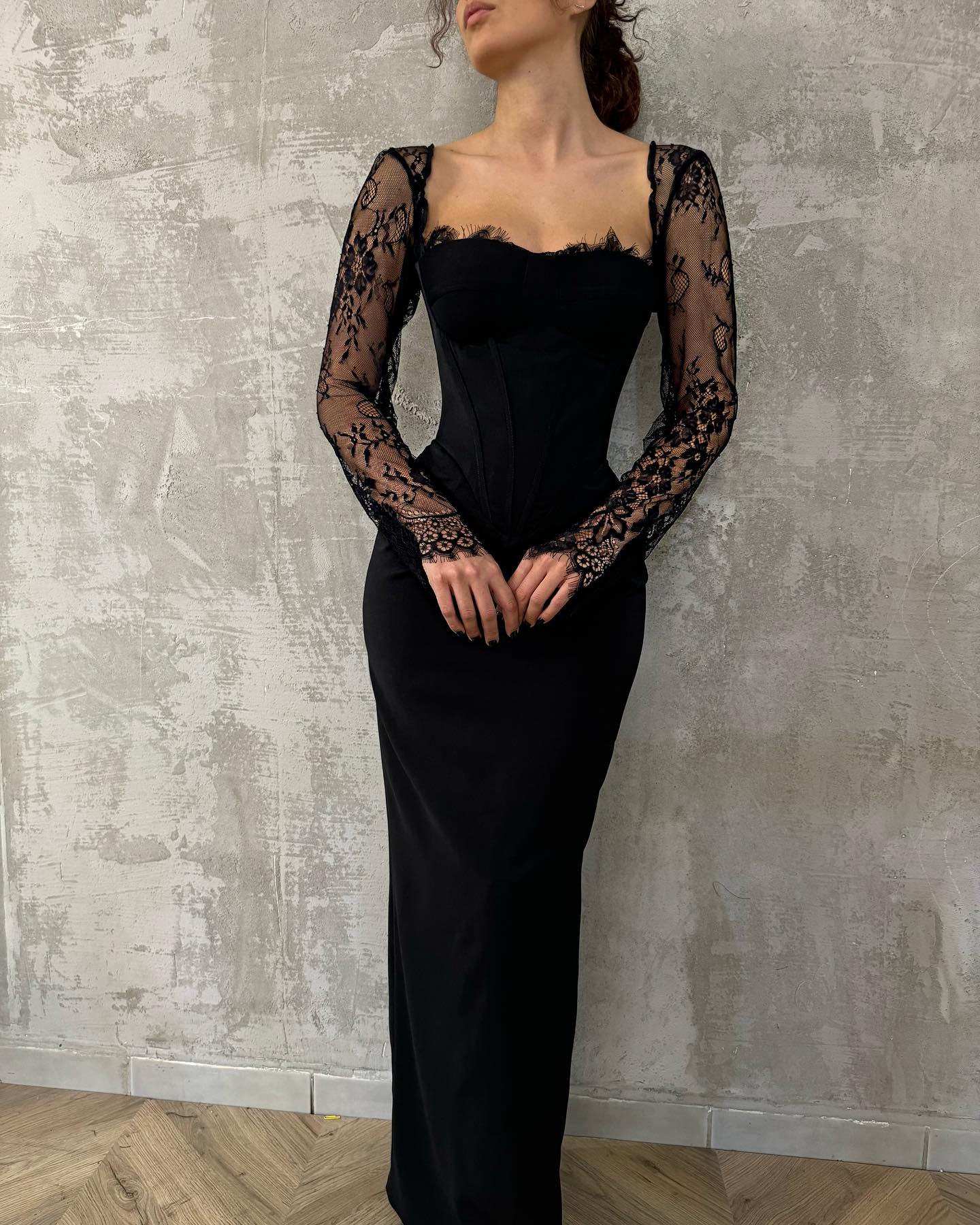 Black Lace Long Sleeve Formal Dress Square Neck Corset Bodice Open Back Floor Length Sheath Gown