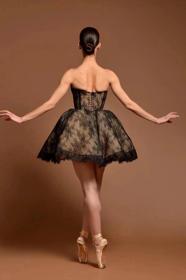 Black Lace Strapless Corset Mini Dress Sweetheart Scallop Hem Ball Gown Skirt Pearl Button Back Ballet Inspired Homecoming