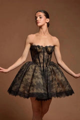 Black Lace Strapless Corset Mini Dress Sweetheart Scallop Hem Ball Gown Skirt Pearl Button Back Ballet Inspired Homecoming