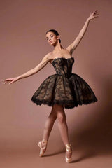 Black Lace Strapless Corset Mini Dress Sweetheart Scallop Hem Ball Gown Skirt Pearl Button Back Ballet Inspired Homecoming