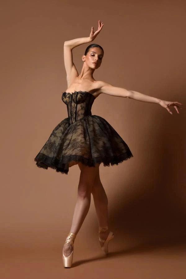 Black Lace Strapless Corset Mini Dress Sweetheart Scallop Hem Ball Gown Skirt Pearl Button Back Ballet Inspired Homecoming