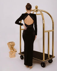 Black Long Sleeve High Neck Twist Cutout Open Back Bodycon Maxi Formal Evening Dress