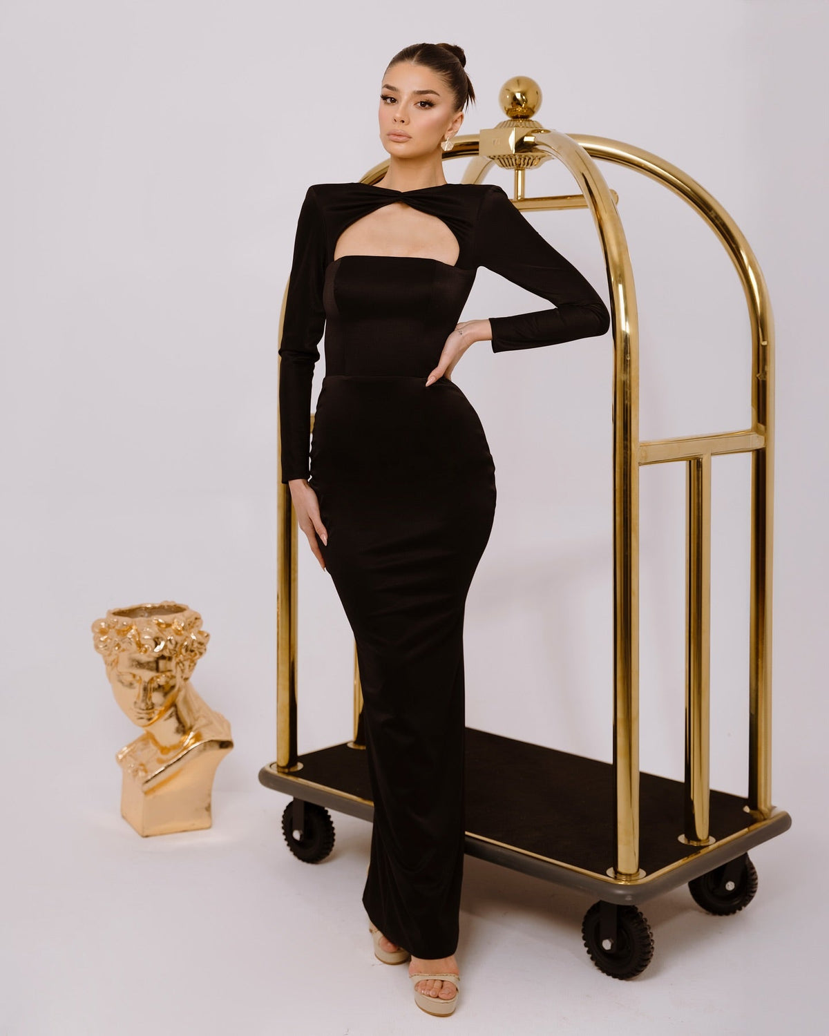 Black Long Sleeve High Neck Twist Cutout Open Back Bodycon Maxi Formal Evening Dress