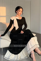 Black Long Sleeves Long Mermaid Formal Dress With Pleated Bowknot