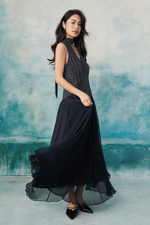 Black Long V-neck Chiffon Sleeveless Dress