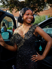 Black Mermaid Prom Dress Deep V Sweetheart Sheer Illusion One Shoulder 3D Black Leaf Floral Applique Gold Baroque Scroll Vine Beading Black Bugle Bead Fringe Tassel All-Over Sequin Barely There Court Train Gown