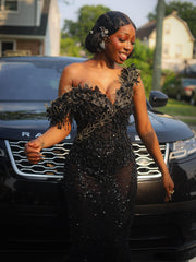 Black Mermaid Prom Dress Deep V Sweetheart Sheer Illusion One Shoulder 3D Black Leaf Floral Applique Gold Baroque Scroll Vine Beading Black Bugle Bead Fringe Tassel All-Over Sequin Barely There Court Train Gown