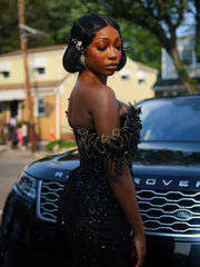 Black Mermaid Prom Dress Deep V Sweetheart Sheer Illusion One Shoulder 3D Black Leaf Floral Applique Gold Baroque Scroll Vine Beading Black Bugle Bead Fringe Tassel All-Over Sequin Barely There Court Train Gown