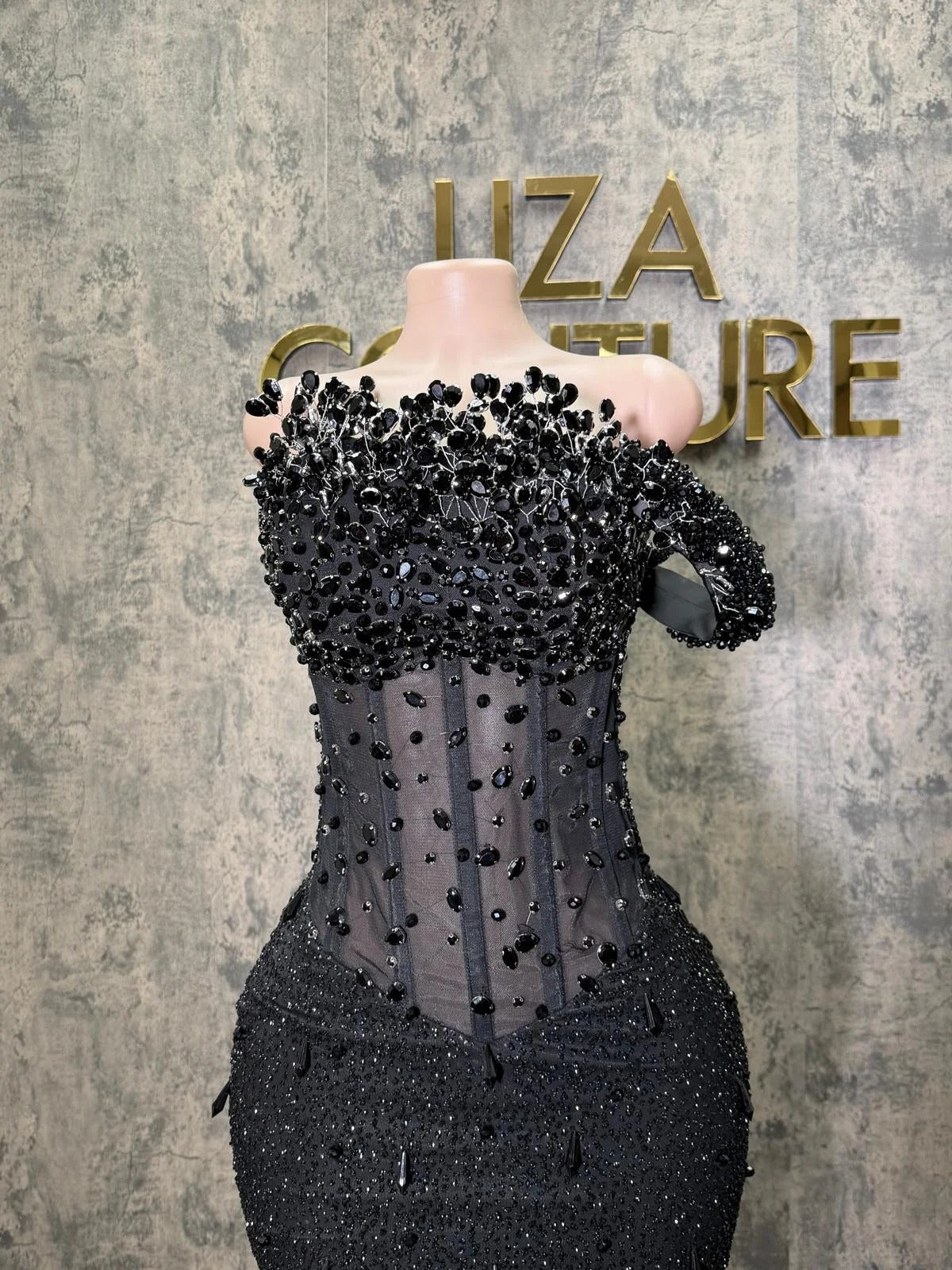 Black Mermaid Prom Dress Off Shoulder One Sleeve Jet Crystal Cluster Beaded Illusion Boned Corset Sheer Sequin Barely There | Misshow Black Mermaid Prom Dress Off Shoulder One Sleeve Jet Crystal Cluster Beaded Illusion Boned Corset Sheer Sequin Barely There | Misshow