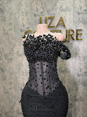 Black Mermaid Prom Dress Off Shoulder One Sleeve Oversized Jet Crystal Cluster Beaded Illusion Boned Corset Sheer Sequin Mesh Barely There Court Train Gown