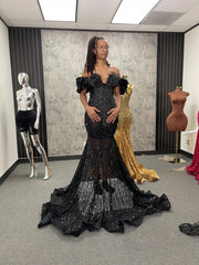 Black Mermaid Prom Dress Off Shoulder Sweetheart Deep V Jet Crystal Beaded 3D Floral Applique Feather Trim Sheer Sequin Mesh Cathedral Train Gown