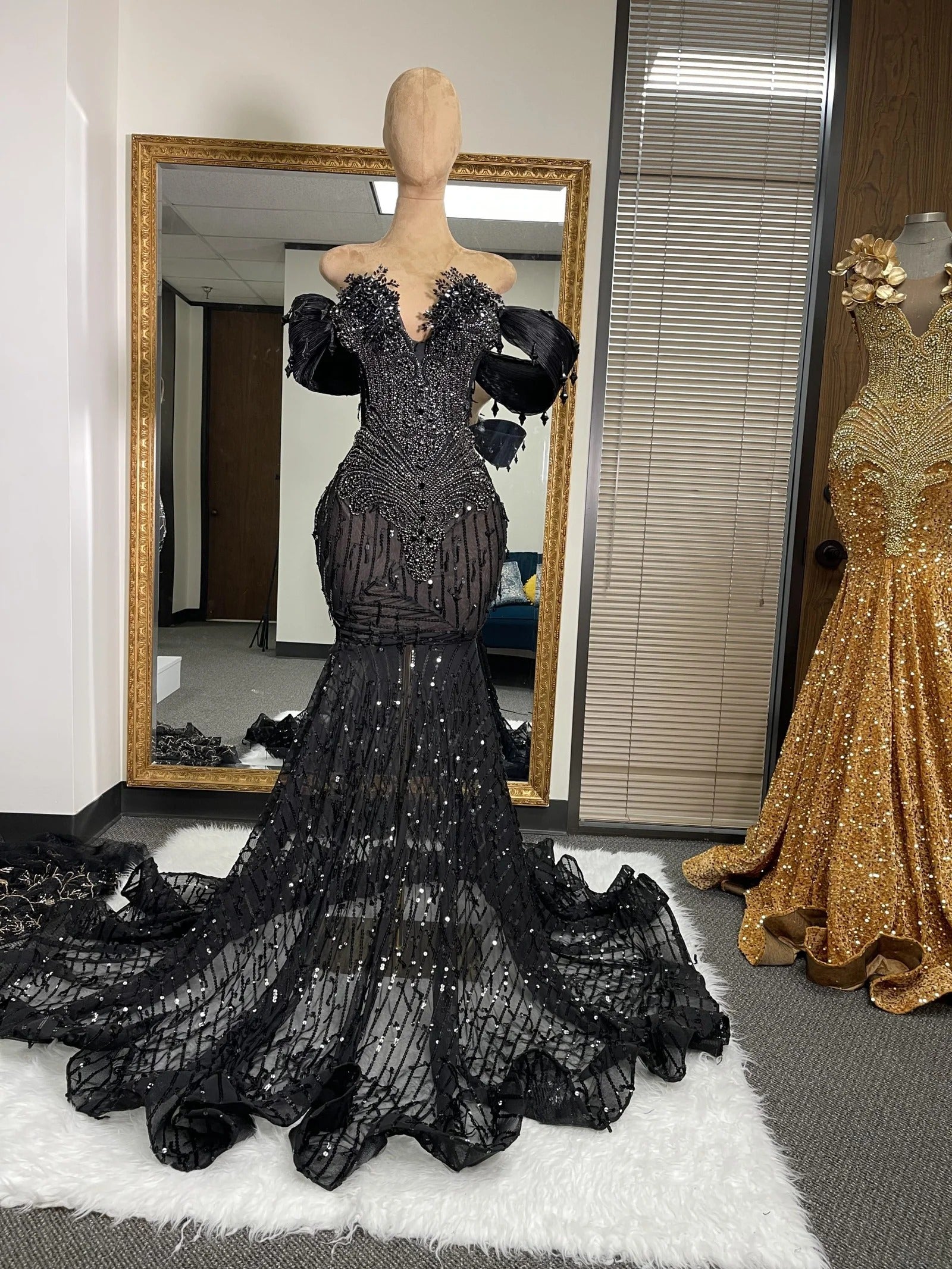 Black Mermaid Prom Dress Off Shoulder Sweetheart Deep V Jet Crystal Beaded 3D Floral Applique Feather Trim Sheer Sequin Mesh Cathedral Train Gown