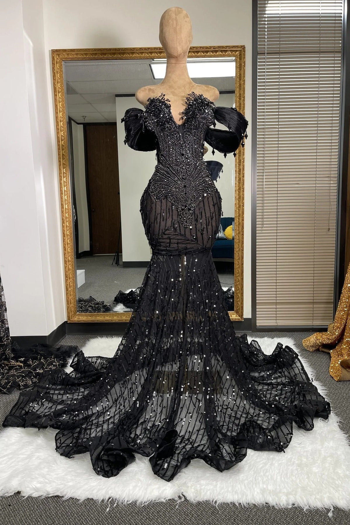 Black Mermaid Prom Dress Off Shoulder Sweetheart Deep V Jet Crystal Beaded 3D Floral Applique Feather Trim Sheer Sequin Mesh Cathedral Train Gown