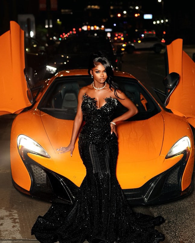 Black Mermaid Prom Dress Strapless Deep V Sweetheart 3D Black Lace Floral Leaf Applique Bodice All-Over Sequin Vertical Black Beading Stripe Scattered Rhinestone Court Train Gown