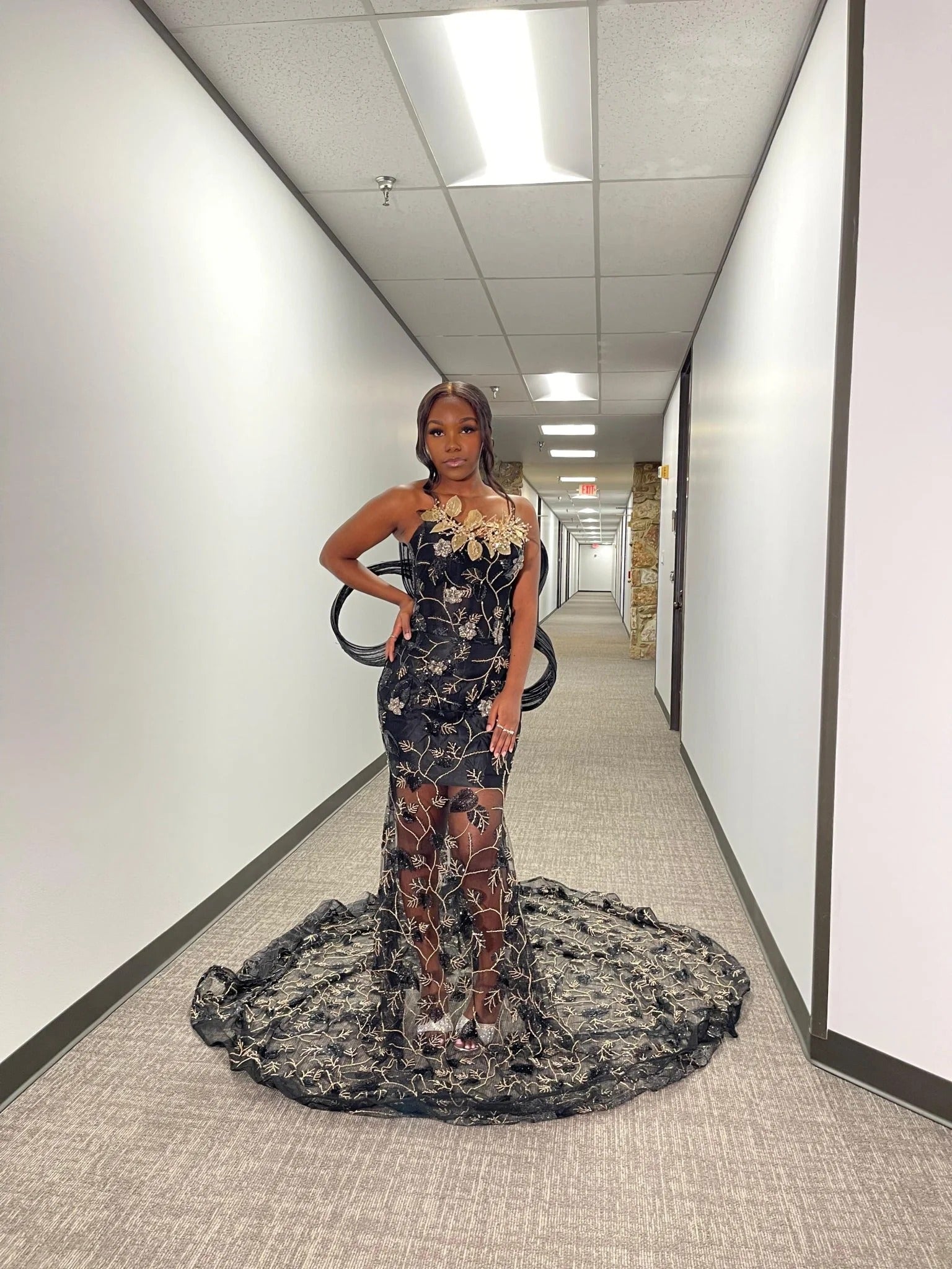 Black Mermaid Prom Dress Strapless Gold Floral Applique Sheer Embroidered Lace Dramatic 3D Sculptural Bow Back Crystal Brooch Cathedral Train Gown