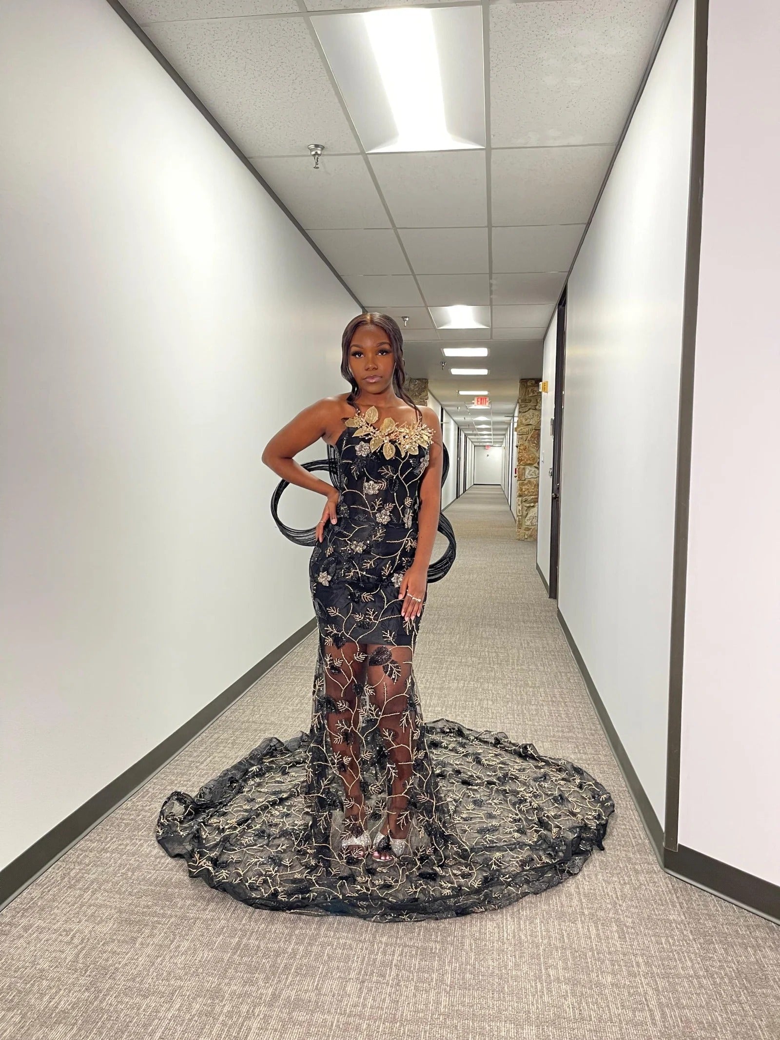 Black Mermaid Prom Dress Strapless Gold Floral Applique Sheer Embroidered Lace Dramatic 3D Sculptural Bow Back Crystal Brooch Cathedral Train Gown