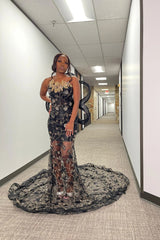 Black Mermaid Prom Dress Strapless Gold Floral Applique Sheer Embroidered Lace Dramatic 3D Sculptural Bow Back Crystal Brooch Cathedral Train Gown