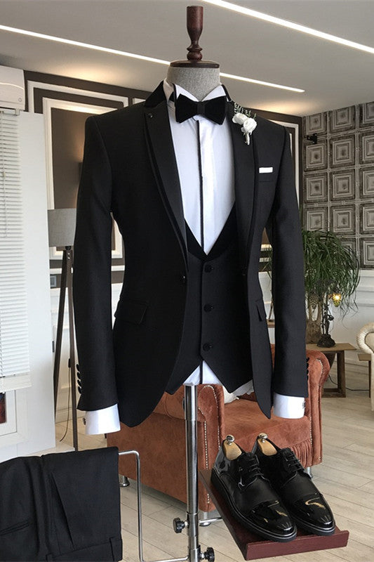 Black Notched Lapel Formal Three-Piece Business Suit