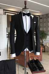 Black Notched Lapel Formal Three-Piece Business Suit