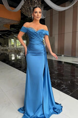 Black Off-Shoulder Short Sleeve Mermaid Satin Rhinestone Draped Floor Formal Evening Gown