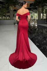 Black Off-Shoulder Short Sleeve Mermaid Satin Rhinestone Draped Floor Formal Evening Gown