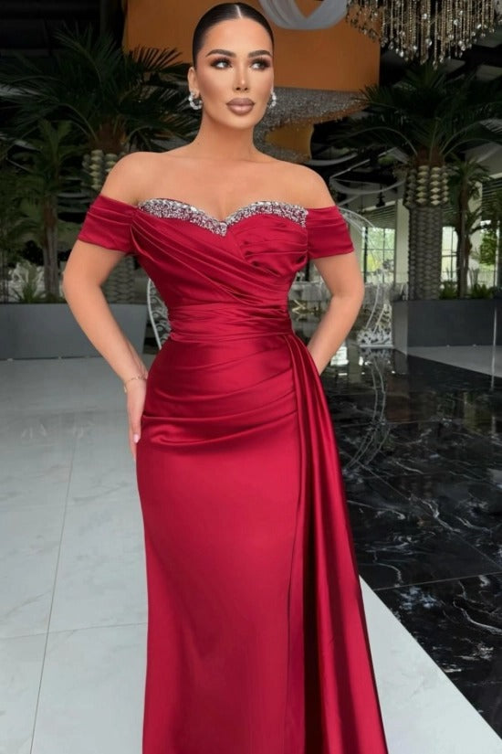 Black Off-Shoulder Short Sleeve Mermaid Satin Rhinestone Draped Floor Formal Evening Gown