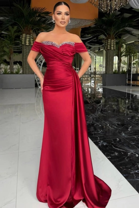 Black Off-Shoulder Short Sleeve Mermaid Satin Rhinestone Draped Floor Formal Evening Gown