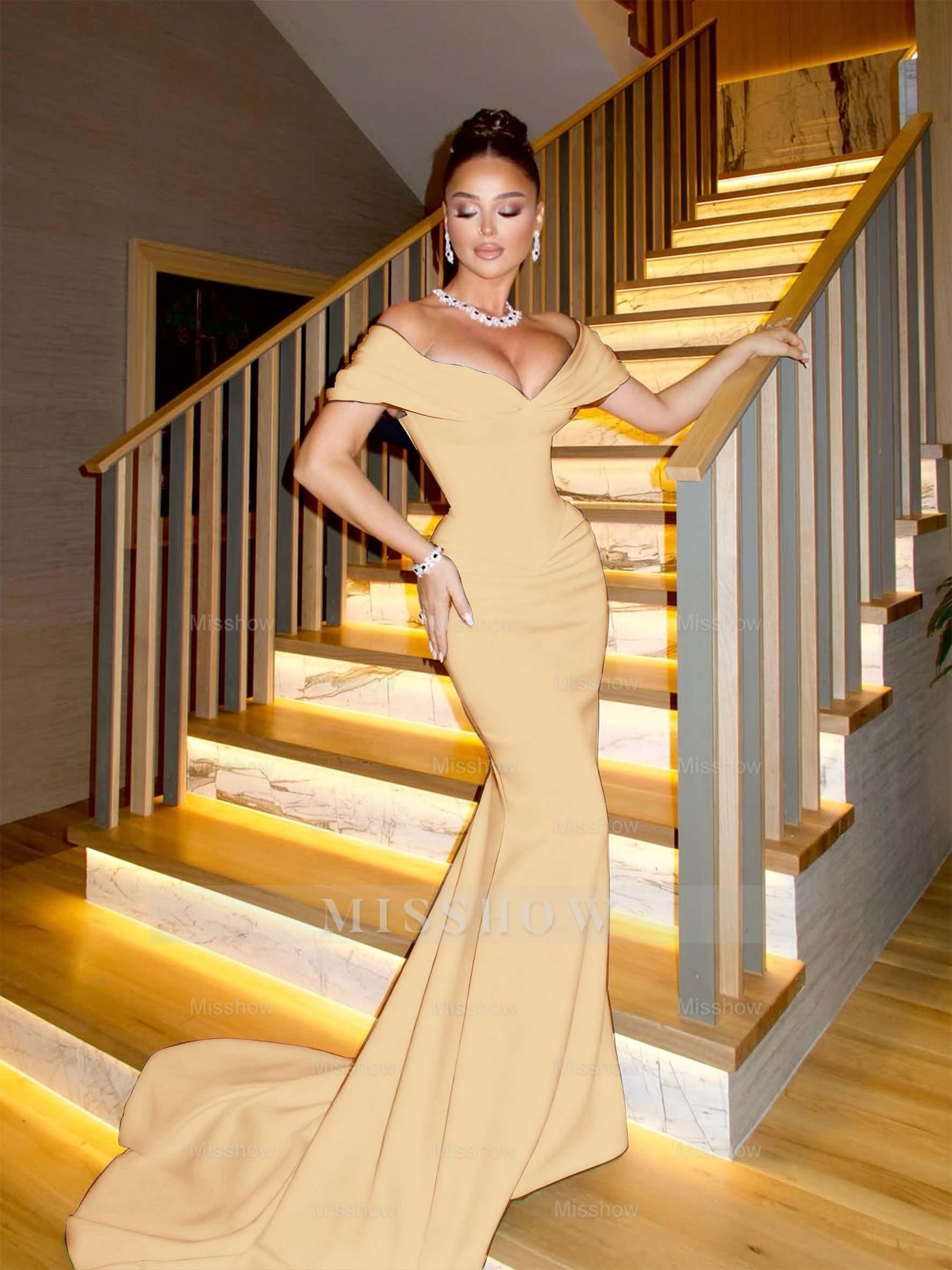 Champagne off-the-shoulder ruched mermaid evening dress