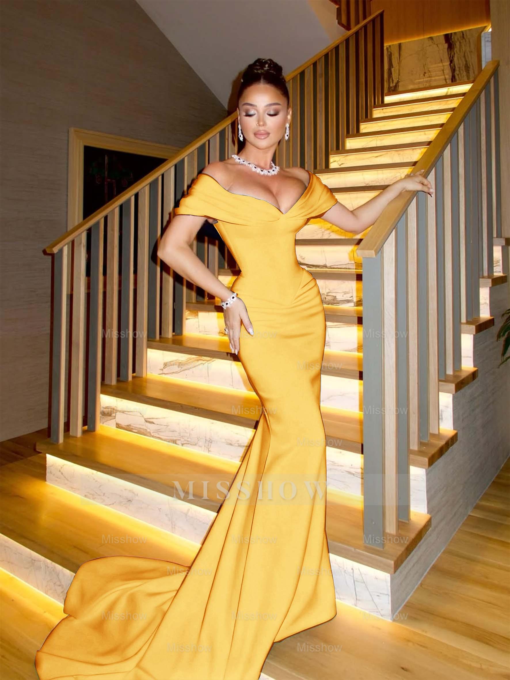 Mustard yellow off-the-shoulder ruched mermaid evening dress