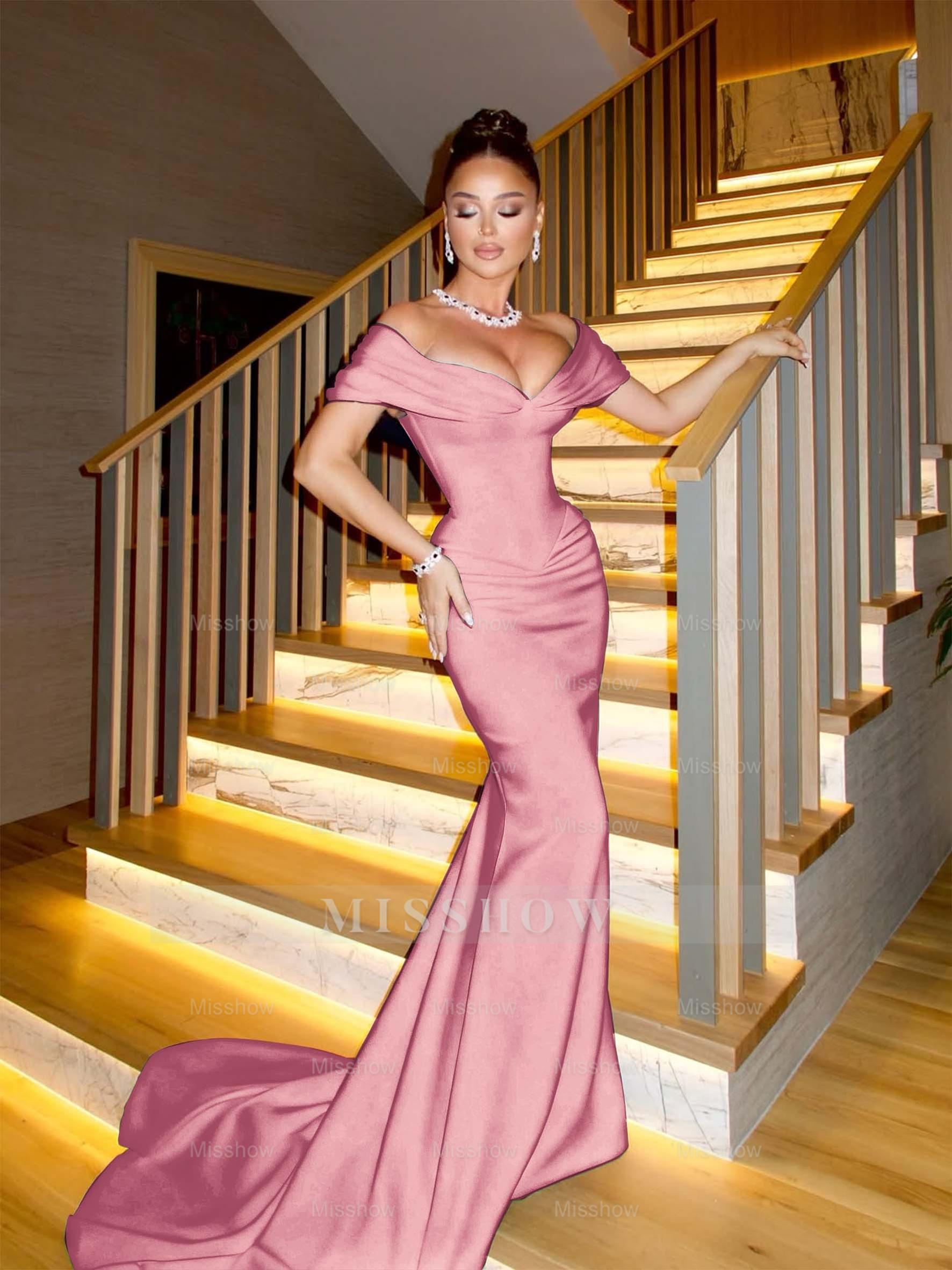 Rose pink off-the-shoulder ruched mermaid evening dress
