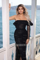 Black Off-The-Shoulder Long Sleeve Sequined Mermaid Floor Length Formal Evening Dress