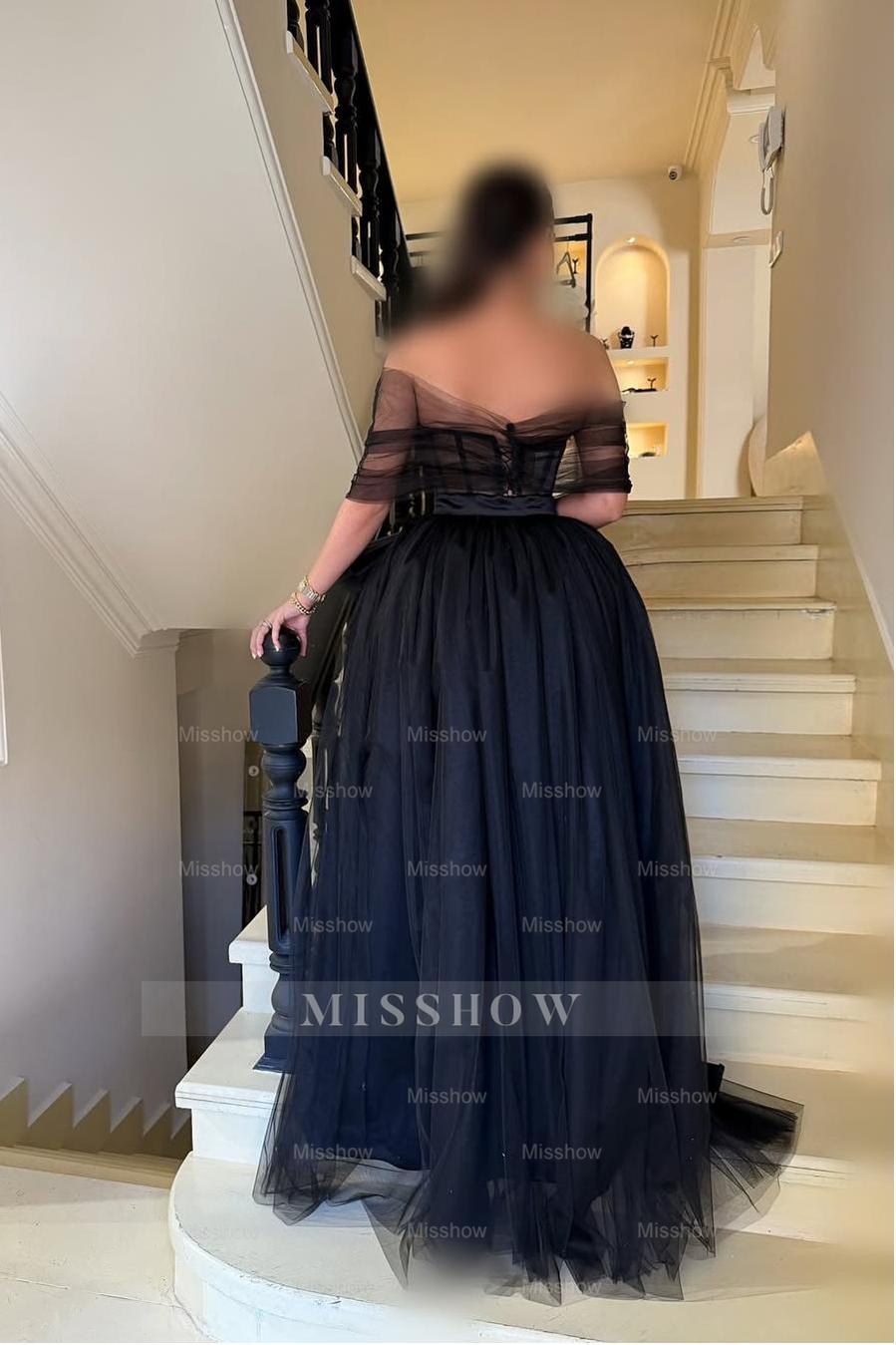 Black Off-the-Shoulder Half Sleeve Tulle Ruffled Corset Ball Gown Floor Evening Gown