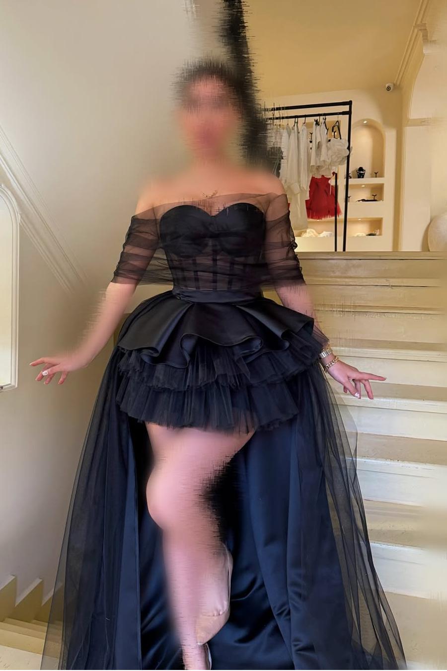 Black Off-the-Shoulder Half Sleeve Tulle Ruffled Corset Ball Gown Floor Evening Gown