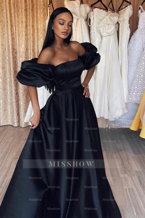 Black Off the Shoulder High Waist Formal Dress A Line With Bubble Sleeves