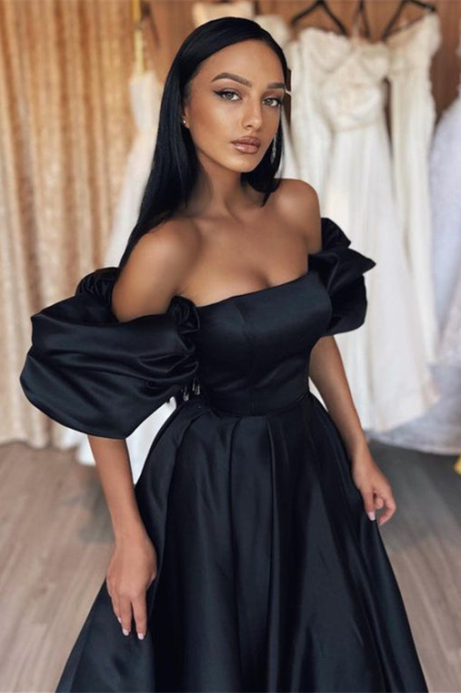 Black Off the Shoulder High Waist Formal Dress A Line With Bubble Sleeves
