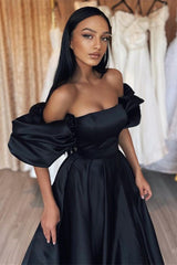 Black Off the Shoulder High Waist Formal Dress A Line With Bubble Sleeves