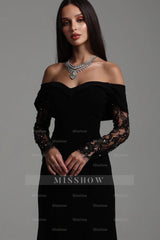 Black Off-the-Shoulder Long Sleeve Lace Appliques Mermaid Floor Length Formal Evening Gown